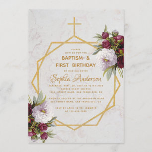 Baptism First Birthday Burgundy Peony Marble Gold Invitation