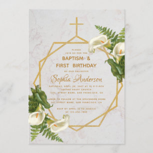 Baptism First Birthday Calla Lilies Gold Marble Invitation