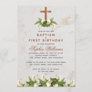 Baptism First Birthday Copper Cross Calla Lilies Invitation