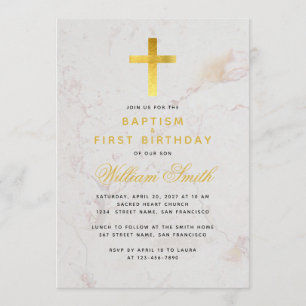 Baptism & First Birthday Faux Gold Cross Marble Invitation
