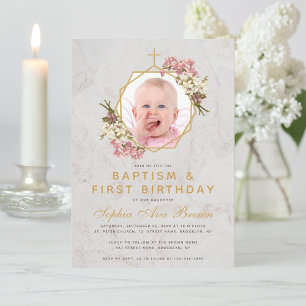 Baptism First Birthday Girl Photo Pink Orchids Invitation