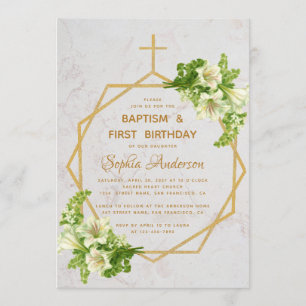 Baptism & First Birthday Gold Lilies Marble Floral Invitation