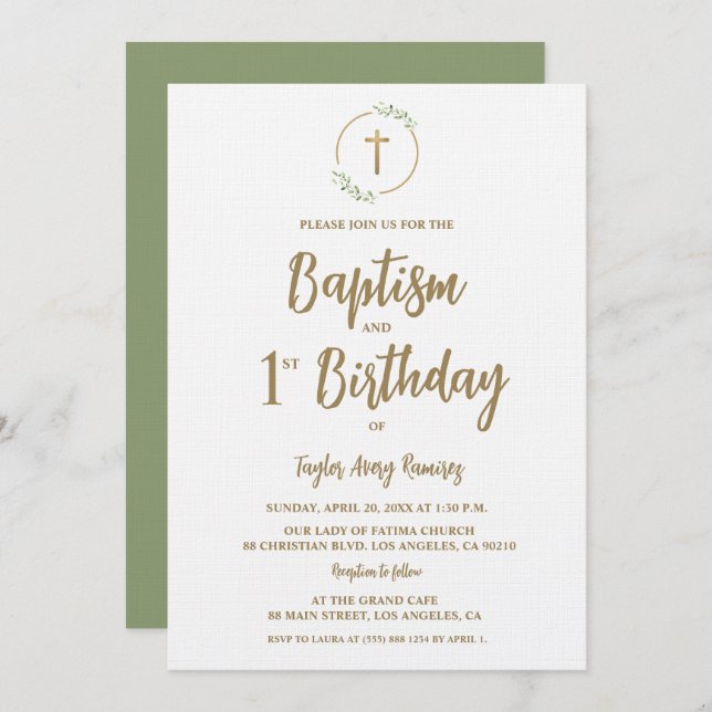 Baptism First Birthday Greenery wreath Gold cross Invitation (Front/Back)
