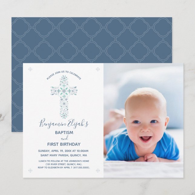 Baptism First Birthday Invitation, Photo & Cross Invitation (Front/Back)