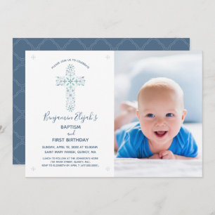 Baptism First Birthday Invitation, Photo & Cross Invitation