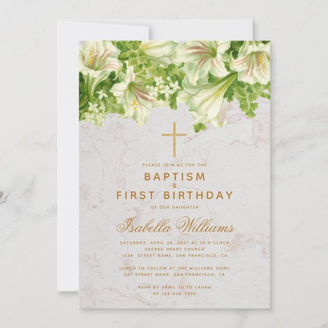 Baptism First Birthday Lilies Marble Gold Cross Invitation (Front)