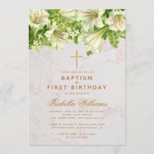 Baptism First Birthday Lilies Marble Gold Cross Invitation