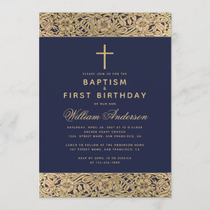 Baptism First Birthday Navy Blue Gold Roses Boy Invitation