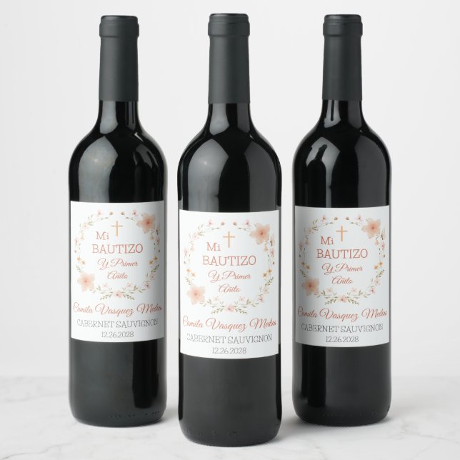 Baptism First Birthday Pink Flowers in Spanish Wine Label (Bottles)