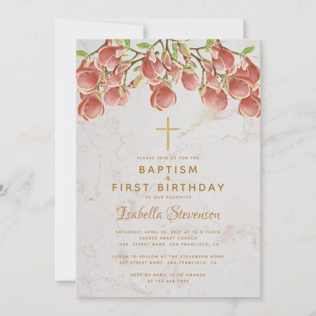 Baptism First  Birthday Pink Magnolia Cross Marble Invitation (Front)