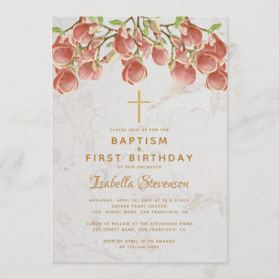 Baptism First  Birthday Pink Magnolia Cross Marble Invitation