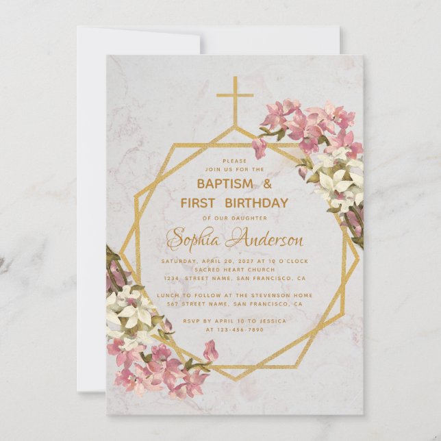 Baptism First Birthday Pink Orchids Gold Marble Invitation (Front)