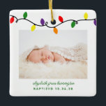 Baptism First Christmas Colourful Lights Keepsake Ceramic Ornament<br><div class="desc">Baptism First Christmas Rustic Trees Photo Ceramic Ornament. Perfect for Baptisms, Christenings, or just as a keepsake! Cute, Modern yet Rustic Christmas Holiday Photo Square Ornaments featuring adorable little string of colourful Christmas lights in red, green, yellow, and purple, along with modern typography. Add 2 of your favourite photos for...</div>