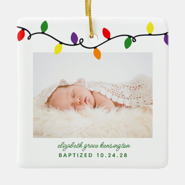 Baptism First Christmas Colourful Lights Keepsake Ceramic Ornament (Front)