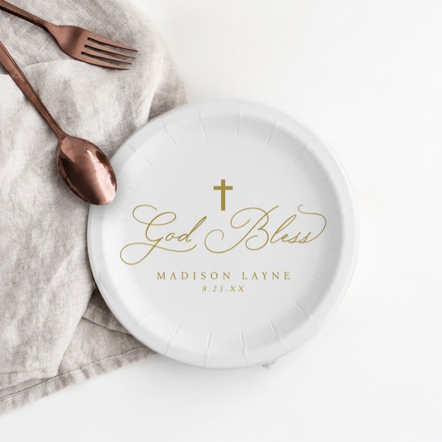 Baptism First Communion Gold God Bless Cross Paper Plate (Elegant God Bless paper plates with gold cross, perfect for baptism or first communion.)