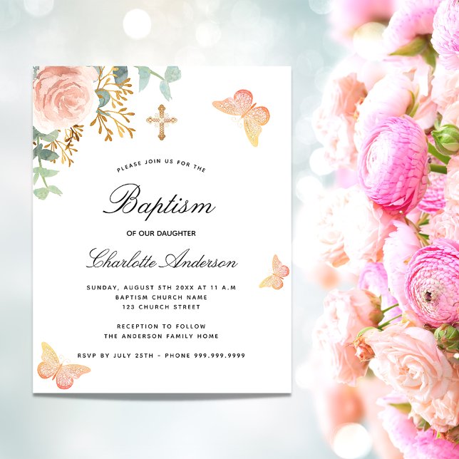 Baptism floral butterfly rose budget invitation flyer (Creator Uploaded)