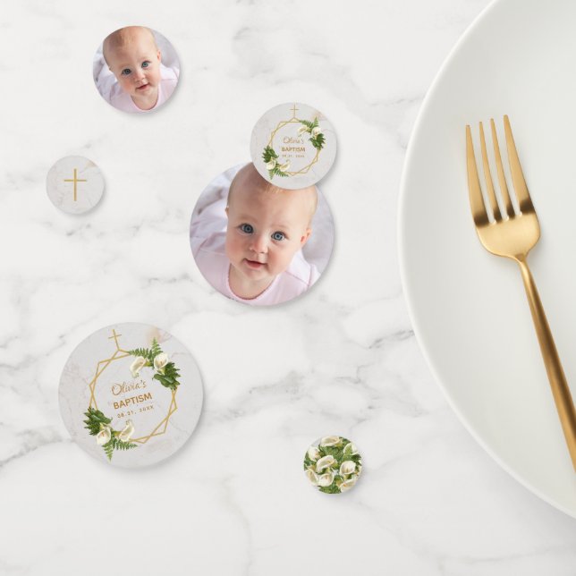  Baptism Floral Geometric Calla Lilies Gold Photo Confetti (Group)
