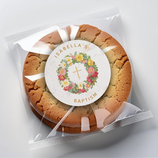 Baptism Floral Gold Cross Wild Rose Wreath Marble Classic Round Sticker (Creator Uploaded)