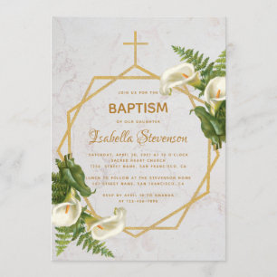 Baptism Floral Gold Marble Calla Lilies Geometric  Invitation
