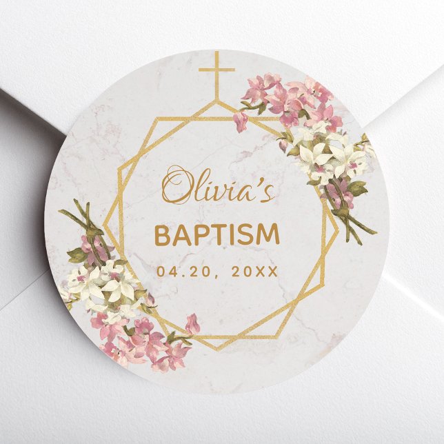 Baptism Floral Gold Pink Orchids Marble Geometric Classic Round Sticker (Creator Uploaded)