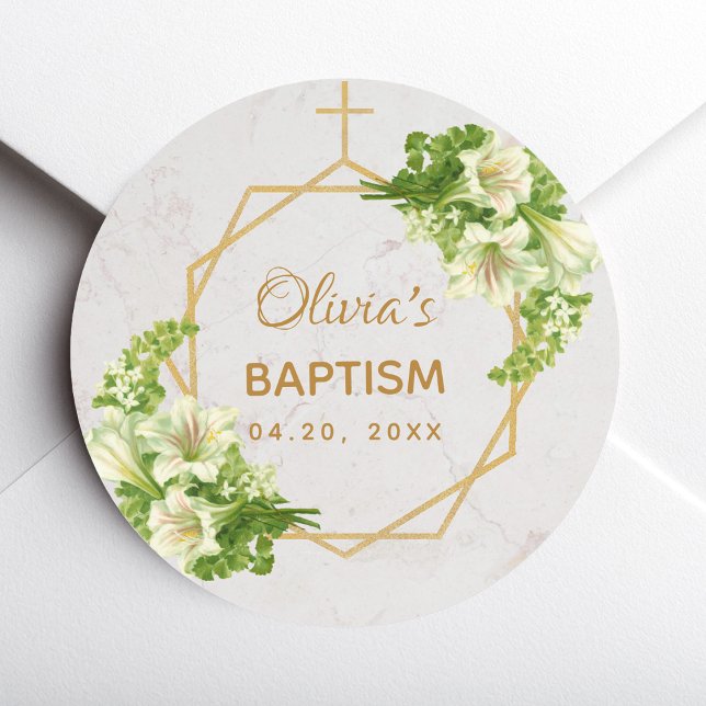 Baptism Floral Gold White Lilies Marble Geometric Classic Round Sticker (Creator Uploaded)