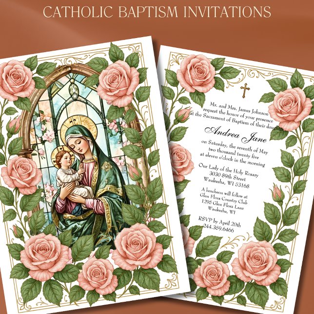 Baptism Floral Jesus Blessed Mother Roses Invitation (Creator Uploaded)