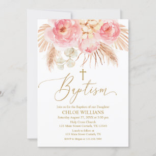 Baptism Floral pink Boho Pampas Girl In Invitation