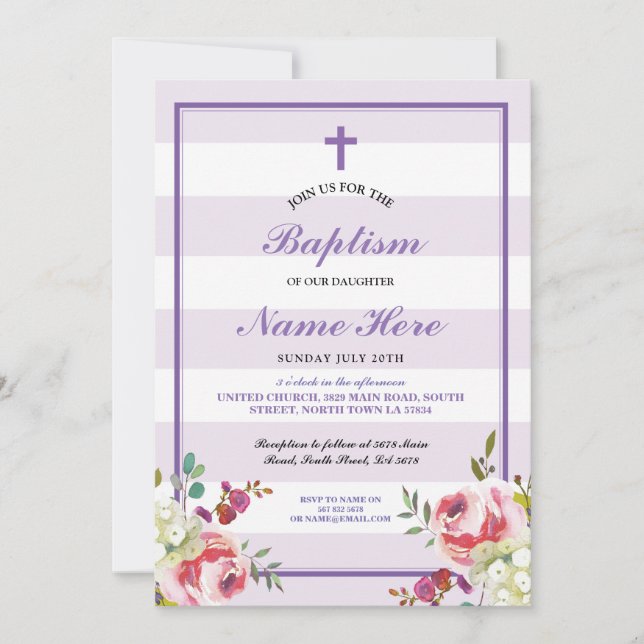 Baptism Floral Purple Stripe Girl's Invitation (Front)
