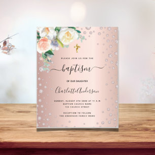 Baptism floral rose gold pink girl elegant invitation postcard