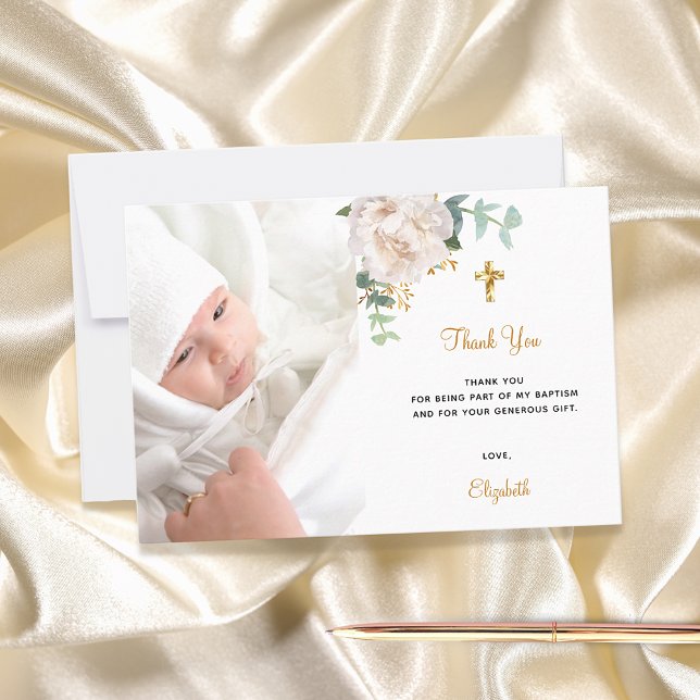 Baptism floral white gold photo thank you card (Creator Uploaded)