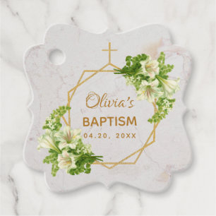 Baptism Floral White Lilies Gold Marble Geometric Favour Tags
