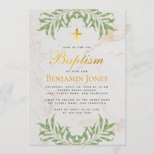 Baptism Foliage Faux Gold Cross Calligraphy Marble Invitation