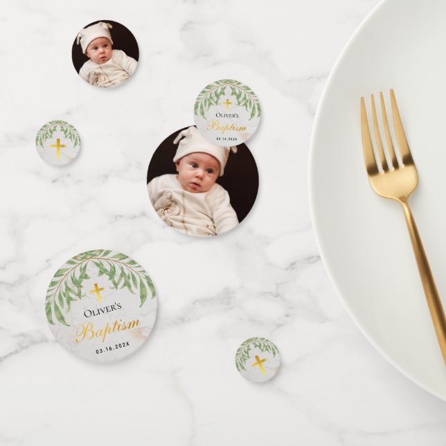 Baptism Foliage Marble Faux Gold Foil Green Leaves Confetti (Group)