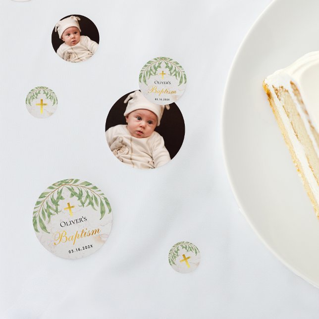 Baptism Foliage Marble Faux Gold Foil Green Leaves Confetti (Creator Uploaded)