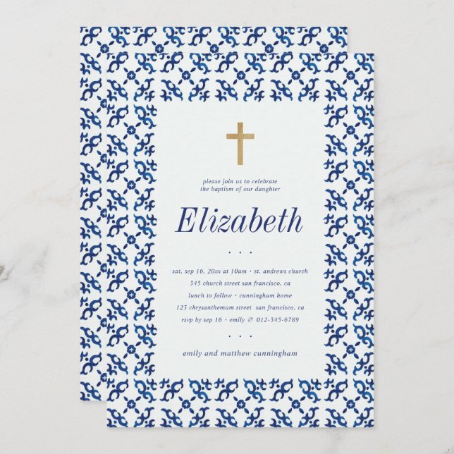 Baptism For Her Blue and White Mediterranean Tiles Invitation (Front/Back)
