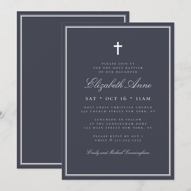 Baptism For Her Classic Elegant Cross Invitation (Front/Back)
