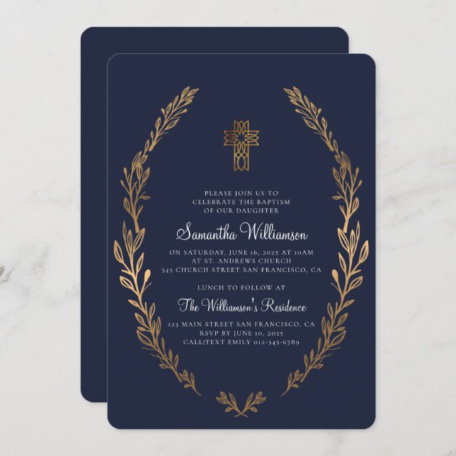 Baptism For Her Faux Gold Foliage Blue Invitation (Front/Back)