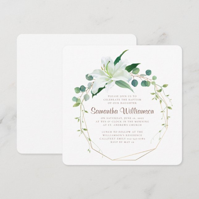 Baptism For Her Geometric and Modern White Floral Invitation (Front/Back)