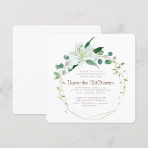 Baptism For Her Geometric and Modern White Floral Invitation