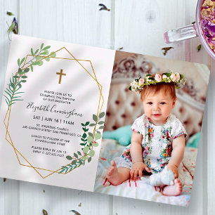 Baptism For Her Geometric Foliage Cross Invitation