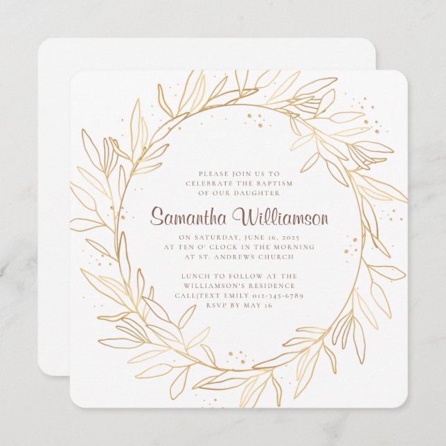 Baptism For Her Gold Foliage Modern Invitation (Front/Back)