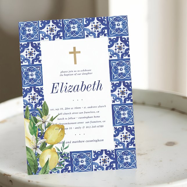 Baptism For Her Lemon Foliage Mediterranean Tiles Invitation (Creator Uploaded)