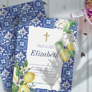 Baptism For Her Lemon Foliage Mediterranean Tiles Invitation