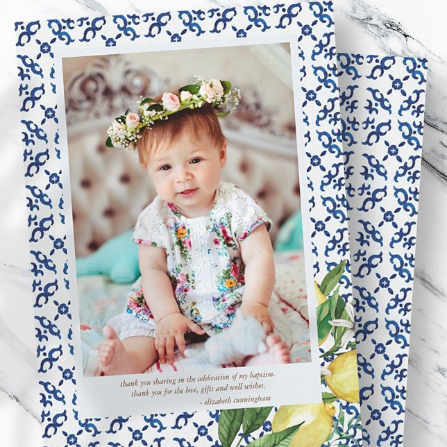 Baptism For Her Mediterranean Tiles Lemons Floral Thank You Card (Creator Uploaded)