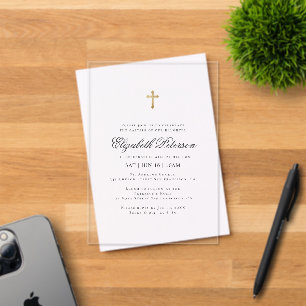 Baptism For Her   Minimalist Gold Cross Acrylic Invitations
