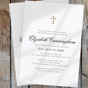 Baptism For Her   Minimalist Gold Cross Invitation