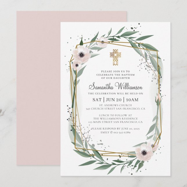 Baptism For Her Modern Geometric Floral Cross Invitation (Front/Back)