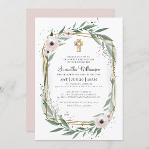 Baptism For Her Modern Geometric Floral Cross Invitation