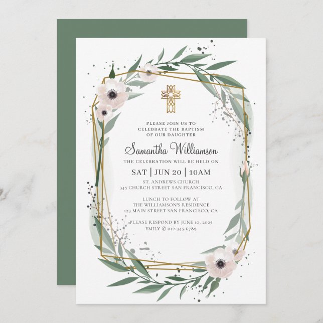 Baptism For Her Modern Geometric Floral Cross Invitation (Front/Back)