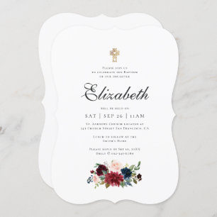 Baptism For Her Modern Watercolor Floral Cross Invitation